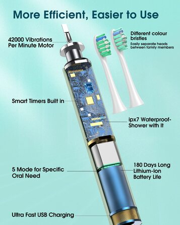 Електрична зубна щітка для дорослих з 6 насадками, акумуляторна звукова, 180 днів роботи, світло-зелена