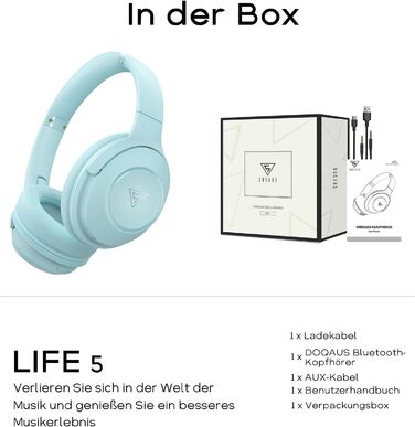 Бездротові навушники DOQAUS Bluetooth з тривалим часом роботи (70 годин), Over-Ear, Bluetooth 5.4, з кабелем, 3 режими EQ, HiFi стерео для подорожей/телефону/ПК (блакитні)
