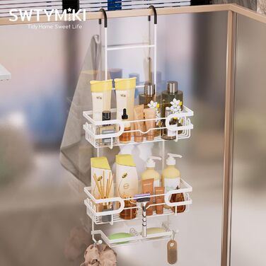 Настінна поличка для душу SWTYMIKI з 2 кошиками та 2 мильницями, з нержавіючої сталі, 14 гачків, білий колір