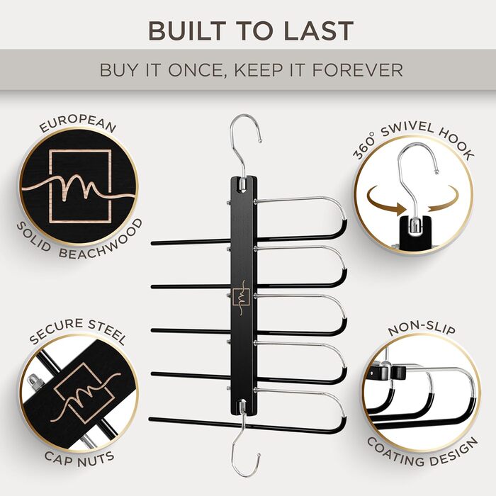 Дві дерев'яні вішалки для одягу Moralve: економія місця, для шафи, підійдуть для джинсів, шарфів, чорного кольору