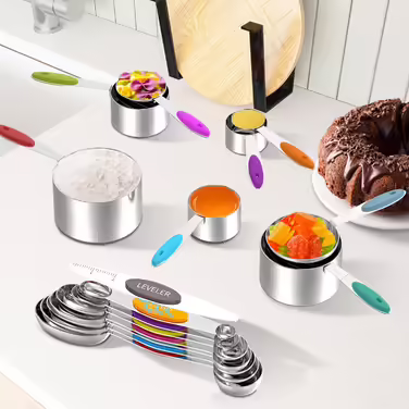 Measuring cups and magnetic measuring spoons, 5 stainless steel measuring cups with easy-to-read markings, 7 double-sided, stackable magnetic measuring spoons, and 1 leveler, multicolored