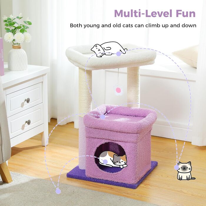PAWZ Road Cat Tree, Multi-Tier Cat Tower with Sisal-Covered Scratching Post, Cozy Cat Condo, and Large Cat Perch for House Cats, (Purple)