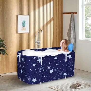 Foldable Bathtub for Adults, 132 x 68 x 47 cm, Steam Bucket for Sauna, Shower, and Ice Bath, Portable, Non-Inflatable (Blue) (Blue)