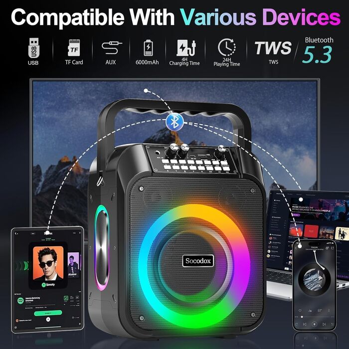 Караоке машина з Bluetooth, 2 мікрофонами, RGB-підсвічуванням та потужністю 30W