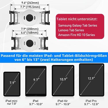 Тримач для планшета AboveTEK для iPad Pro, Air, Mini та POS-терміналів, підставка з двома затискачами та обертанням 360°, для столу та кухні, підходить для пристроїв від 6 до 13 дюймів (білий)