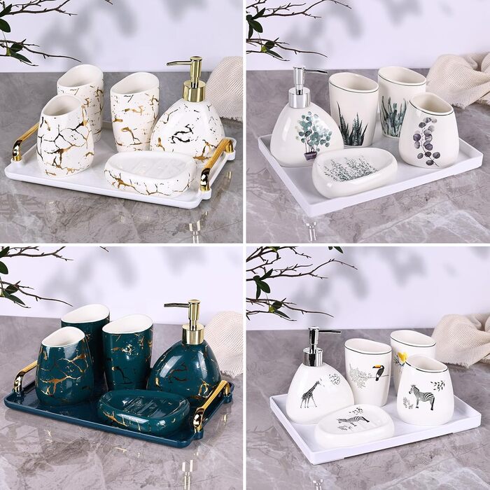 Bathroom Accessories Set, Gold Marble Look, Modern 6-Piece Bathroom Accessories Set, complete with soap dispenser, toothbrush holder, cup, tray, and countertop (Vegetal)