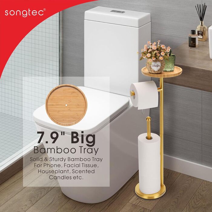 Підставка для туалетного паперу зі зберіганням та полицею, стабільна, вільна, тримач для 5 рулонів туалетного паперу, нержавіюча сталь, важка, з полірованою обробкою (золота)