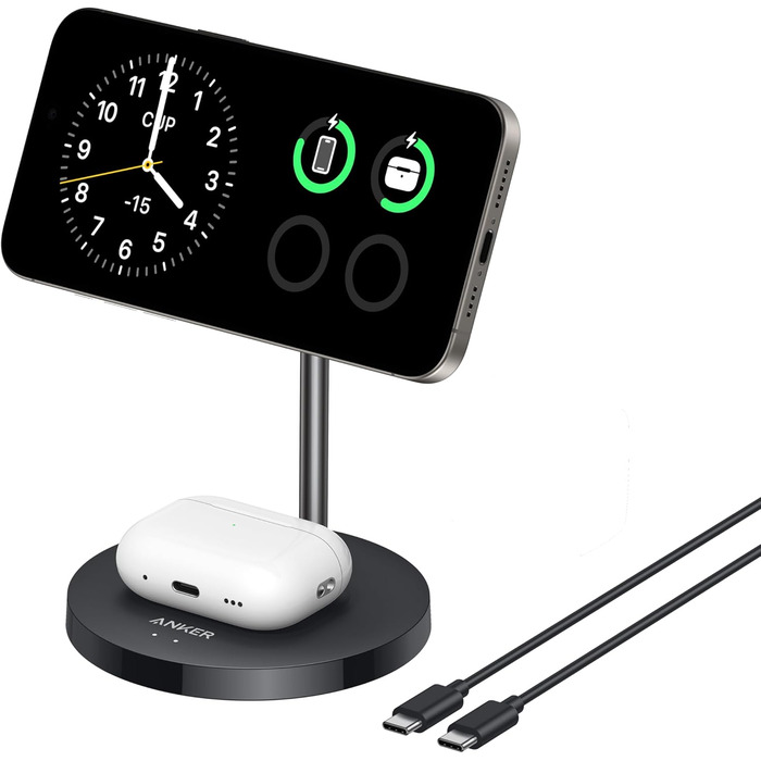 Anker MagGo 15W Magsafe Зарядний пристрій: 2-в-1 Індукційна станція, Qi2 Бездротовий заряд для iPhone 16/15/14/13/12, AirPods Pro, з USB-C кабелем 1.5м, чорний