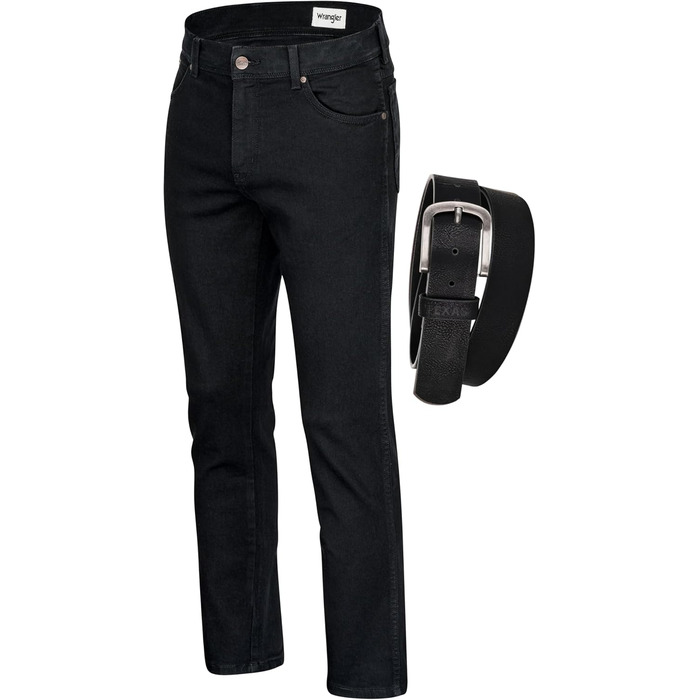 Джинси чоловічі Wrangler Texas Regular Fit Authentic Straight, еластичні, чорного кольору (42W/34L) + ремінь чорний