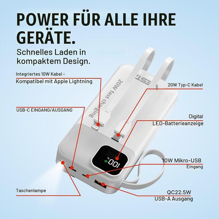 Універсальний зовнішній акумулятор All-IN-ONE Powerbank 10000 mAh чорний: швидка зарядка 22.5W, PD 20W, бездротова зарядка 15W, зарядний пристрій для Apple Watch, вбудовані кабелі USB-C та Lightning, LED-дисплей, алюмінієва підставка