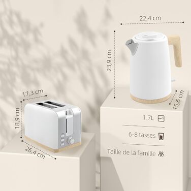 Набір HOMCOM: чайник та тостер 2200W, чайник 1.7 л, тостер на 2 тости, 7 рівнів підсмажування, автовимкнення, захист від сухого кипіння, білий