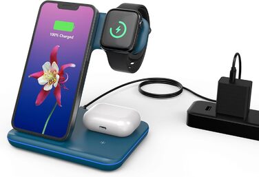 Бездротовий зарядний пристрій Minthouz 3-в-1 з адаптером 18W для Apple (iPhone, iWatch, AirPods), Qi сумісний, синій