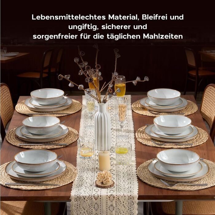 Сервіз Joyfair на 6 осіб, 24 предмети, кераміка, тарілки для їжі, десертні тарілки, миски для каші, сумісний з мікрохвильовою піччю та посудомийною машиною, колір: реактивне мушлеве біле