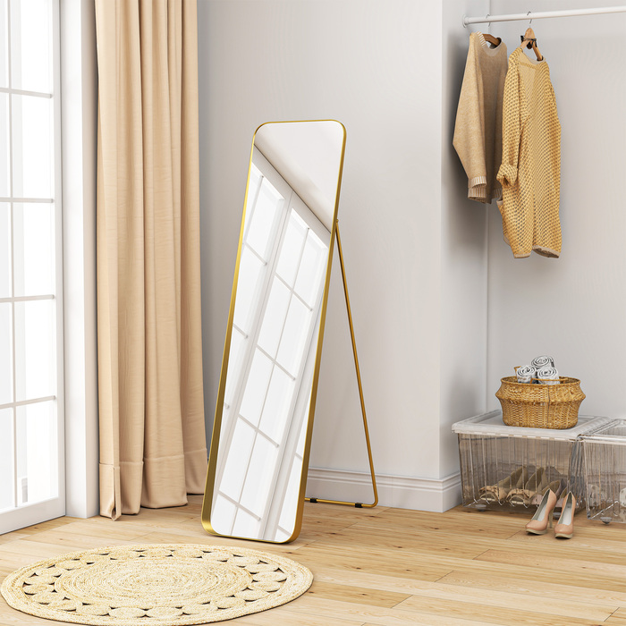 HOMCOM Full-Length Mirror 160 x 40 cm Slim Standing Mirror with Metal Frame and Shatter-Resistant Glass, Wall Mirror for Standing, Leaning, Mirror for Living Room, Bedroom, Hallway, Gold | Aosom