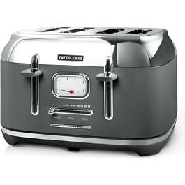 Тостер Muse MS-131 BC із нержавіючої сталі, ретро-дизайн, 4-х місний, 6 рівнів підсмажування, з підсвічуванням, з шухлядою для крихт (сірий)