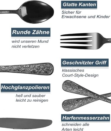 Набір столових приборів з нержавіючої сталі в вінтажному стилі на 6 осіб (чорний, 24 предмети) - ножі, виделки, ложки