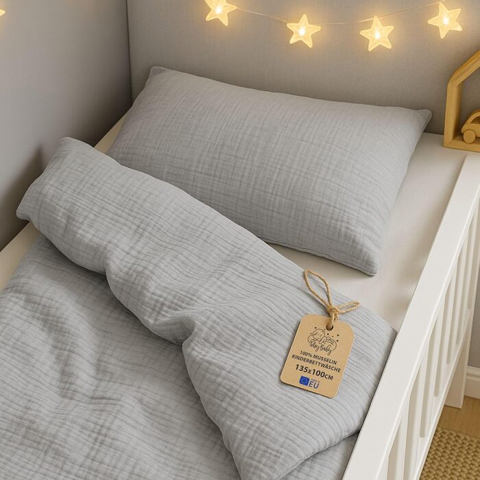 Бетлічна постільна білизна для дитячого ліжечка з мусліну, 100x135 см - комплект з подушкою 40x60 см та ковдрою 100 x 135 см, бавовна, сертифікат Oeko-Tex, сірий колір