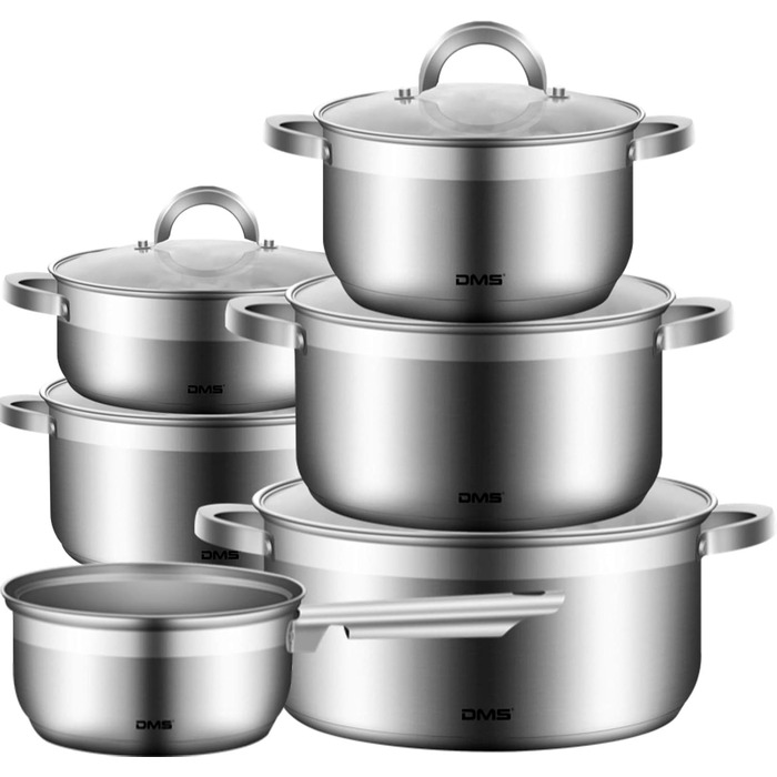 DMS 11-Piece Cookware Set made of high-quality stainless steel | Induction | Coated Cookware Set | Cookware | High-Quality Kitchen Set | Easy to Clean | Saucepan with Handle | Glass Lid TSE2011C