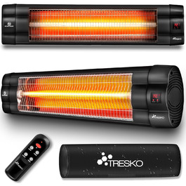Інфрачервовий нагрівач TRESKO 2500W з пультом дистанційного керування | Тепловий нагрівач для тераси, електричний, 3 режими | Тепловий нагрівач для тераси та приміщення | Настінний інфрачервовий нагрівач з LED-дисплеєм, кварцовий, чорний