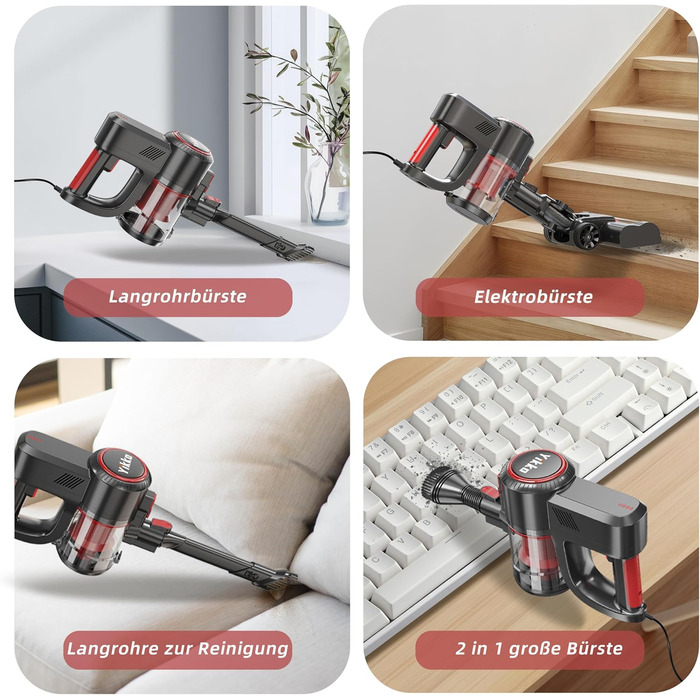 Yikko 3-в-1, пилосос 60KPa з потужним кабелем, електрична підміталка з гнучким шлангом, пилосос з LED-підсвічуванням, ідеально підходить для килимів/підлоги/волосся (Червоний-60)