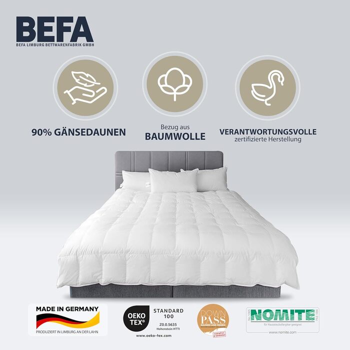 BEFA NATUR Made in Germany Down Comforter 155x220 cm made of 90% goose down and 10% feathers, summer duvet, suitable for allergy sufferers, Öko-Tex 100 Class 1 certified, Downpass (2 pieces) 155 x 220 cm (2 pieces) summer duvet