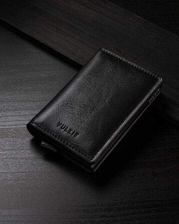 Чоловічий гаманець-кардхолдер VULKIT з натуральної шкіри, RFID захист, чорний Crazy Horse