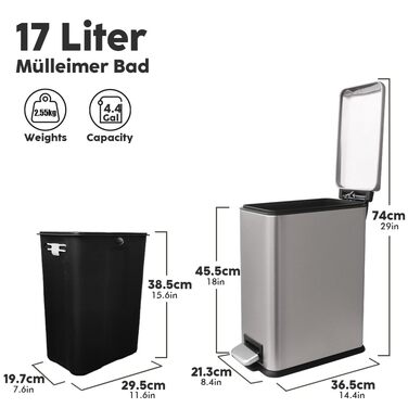 Трюмний смітник для кухні, нержавіюча сталь, 17л, з кришкою та внутрішнім відром