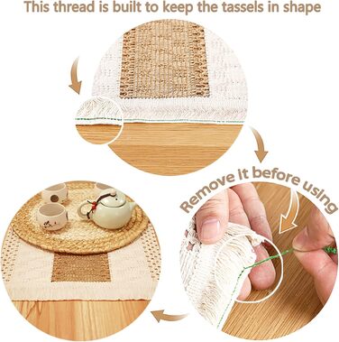 Zology Handcrafted Boho Placemats, Set of 6, Natural Cotton, Burlap & Water Hyacinth, Woven Combination Placemats, Macrame Decor & Farmhouse Style, Placemats for Dining Table, Kitchen