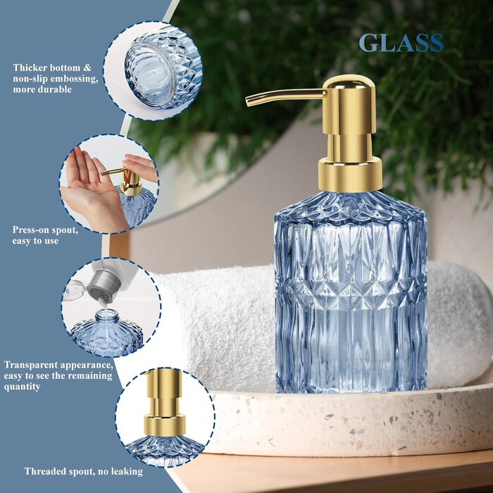 Набір аксесуарів для ванної кімнати 5 предметів, чорний дозатор для мила та лосьйону, мильничка, підставка для зубних щіток, стаканчик, склянка для ватних паличок, прозорий скляний бокс (Синій)