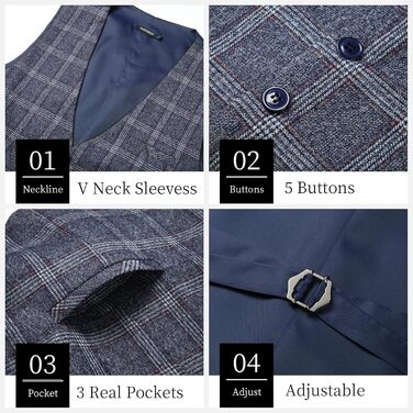 Чоловіча жилетка HISDERN в клітинку, формальна, класична, бавовна, для весілля, в клітку 'Галстук', під костюм, синього кольору