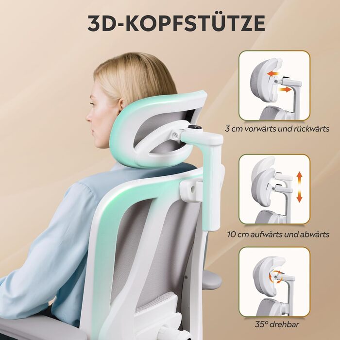 Офісне крісло Devaise: ергономічне крісло з регульованою спинкою, підголівником та поперековою підтримкою, 3D підлокітниками, 3-ступеневим нахилом та дихаючою сіткою для дому та офісу, біле