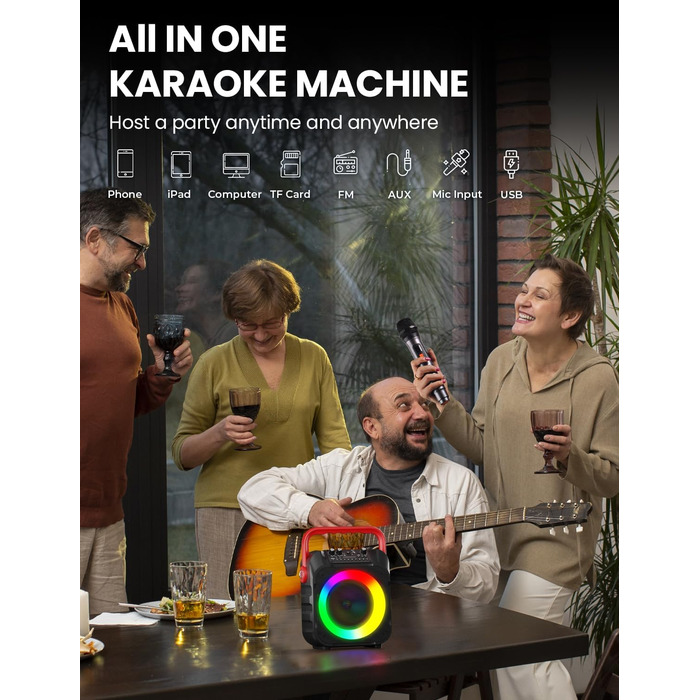 Wowstar Караоке Машина з 2 Бездротові Мікрофони, Портативна Bluetooth Колонка з Світловим Ефектом, Підтримка TF/USB, FM, Запис, AUX, TWS для Вечірок, Дня Народження (Червона)