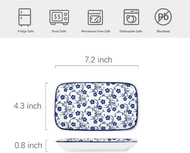 Набір тарілок Selamica, 6 шт., прямокутні, для закусок, десертів, суші, фруктів, 18 × 10.5 × 2 см (Вінтажно-блакитний)