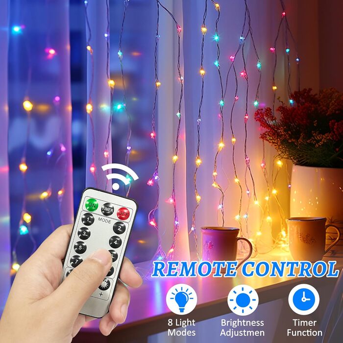 Льодосвітна завіса 3Mx3M з 300 LED, USB, 8 режимів, пульт, таймер, вологостійка, для декору вечірок, свят, спальні (біла, кольорова)