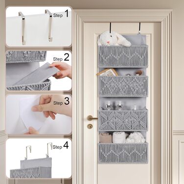 Органайзер для дверей з 4 кишенями, Бохо декор, настінна полиця-органайзер з 2 гачками, для спальні, дитячої кімнати, ванної (4 кишені-сірий)