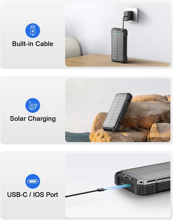 Сонячний повербанк 26800 mAh з 4 кабелями, швидка зарядка USB-C, Qi бездротова зарядка, LED ліхтарик – для телефонів, планшетів, кемпінгу (Чорний)