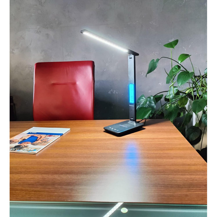LED-лампа Blaupunkt на стіл з бездротовим зарядним пристроєм, USB-порт, регулювання яскравості, 5 кольорів, регульований кріплення, для офісу та читання, LCD-дисплей (годинник, календар, термометр), чорний