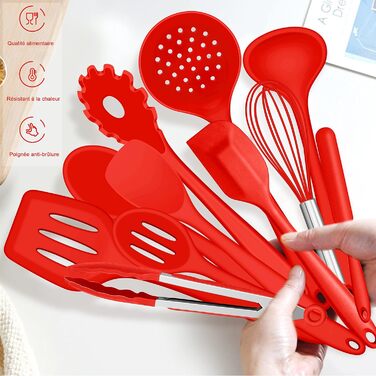 Набір кухонних аксесуарів Joyfair: 15 предметів з силікону, стійкий до нагріву, антипригарний, для посуду, з підставкою, миється в посудомийній машині (червоний)