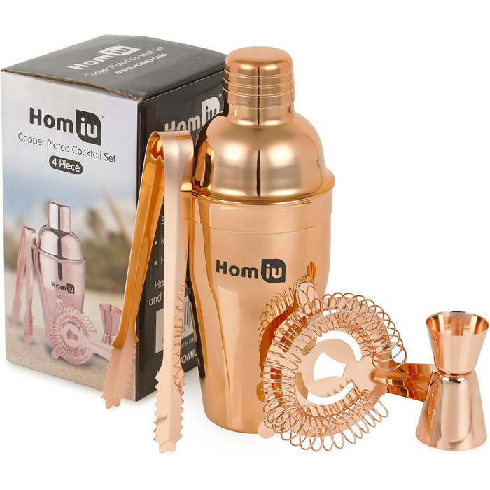 Homiu Stainless Steel Cocktail Shaker Set (550ml) with Rainbow Design, shimmering stainless steel, 5-piece: strainer, 2 jiggers (15/30ml) (Gold-Accented)