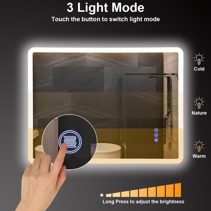 Дзеркало для ванної кімнати з підсвіткою 100x60 см, сенсорне керування, IP65, 3 кольори, функція пам'яті, HD скло, горизонтальне/вертикальне встановлення