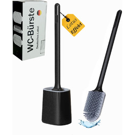 Силіконова щітка для унітазу R&B German Label – плоска, з кріпленням на стіну без свердління, з довгим руків'ям та швидковисихаючим контейнером – для миття унітазу та бордюру – білий/чорний (чорний/сірий)