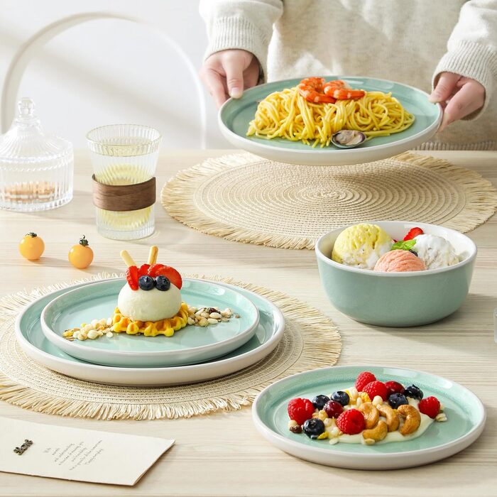 Набір посуду Steingut 18 предметів vancasso ELBA для 6 осіб, сучасний посуд у бірюзовому кольорі (6 тарілок, 6 мисок, 6 десертних тарілок)