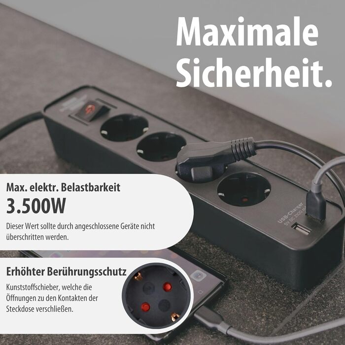 Брененштуль Ecolor Розподільник розеток на 4 розетки з USB-зарядкою (чорний) з вимикачем та кабелем 1.5м