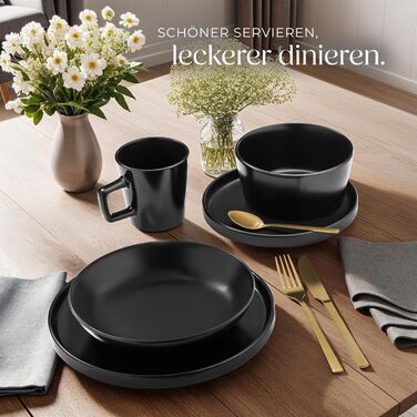 Набір посуду tectake® на 6 осіб, 30 предметів, чорний, з тарілок, мисок, глибоких тарілок та салатників