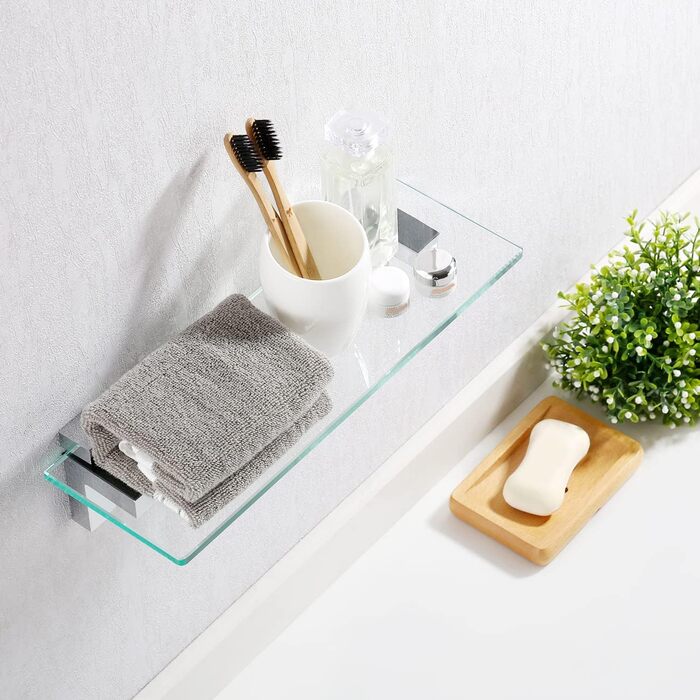 KES Shower Shelf for Hanging, Bathroom Shelf, Wall Shelf, Shower Glass Shelf, 8mm Shower Shelf, Bathroom Shelf, Tempered Glass with Shelf Supports, 60cm Brushed Nickel, BGS3201S60-2 (50 CM, Polished Chrome)