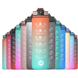 1L Water Bottle - BPA Free Water Bottle with Straw and Time Markers - Water Bottle for Bicycle, Outdoor, School, Running and Gym - Carbonated Drink Suitable (Orange & Light Green with Orange Cap)
