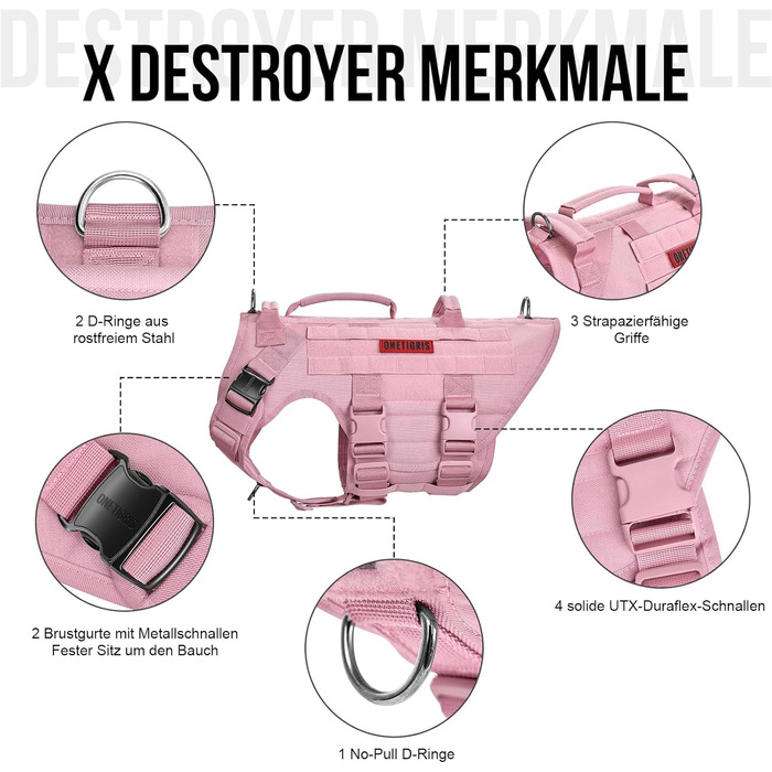 Нашийник для собак OneTigris X Destroyer тактичний, регульований, анти-тяга, вибухозахисний, з 3 ручками, 2 металевими пряжками, безпечний (Рожевий L), L:27-41кг (Окружність шиї:45-63см, Окружність грудей:68-91см)