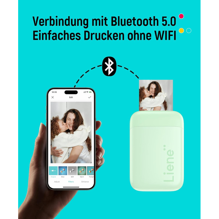 Портативний фотодрук Liene Pearl K100 Mini для смартфонів (5x7 см) - з 50 аркушами Zink фотопаперу з клейкою основою, Bluetooth, 300DPI, сумісний з iOS & Android, вбудований акумулятор, білий/зелений