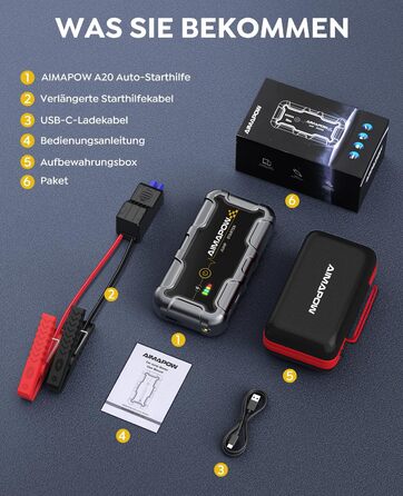 Powerbank для запуску двигуна AIMAPOW Starthilfe 6000A 12V - для бензинових авто, дизельних (10.0L) з LED-ліхтариком та великим екраном, бустер для акумулятора SUV, мотоцикла, газонокосарки