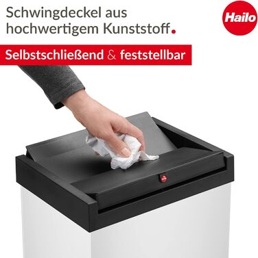 Відро для сміття Hailo Big-Box Swing XL, 52 л, нержавіюча сталь, самозакривний кришкою, з кріпленням для мішка, кухонне, Made in Germany, біле